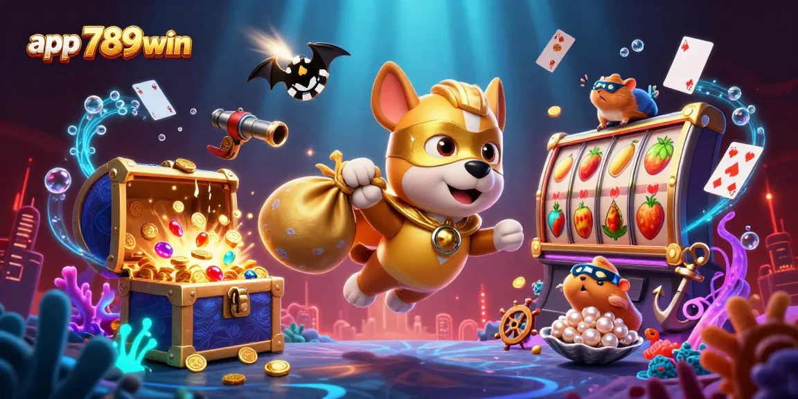 Engage with app 789win illustrated in a vibrant 3D scene featuring a superhero dog and slot elements.