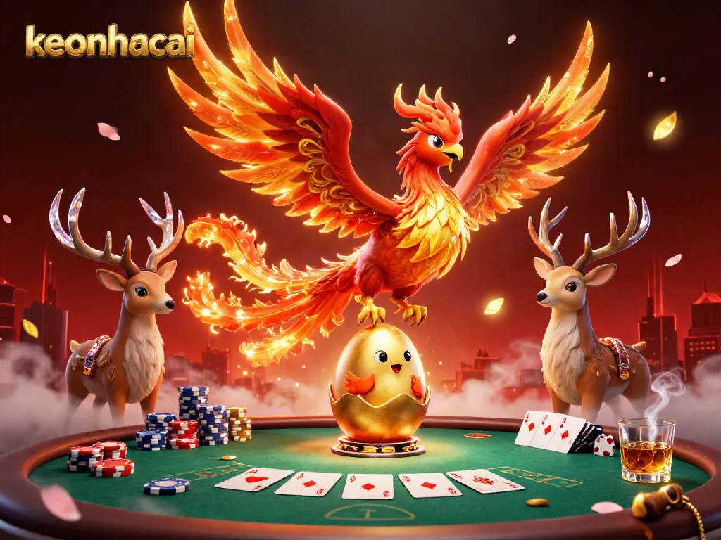 Experience keonhacai through this dynamic 3D casino scene featuring a phoenix, poker elements, and a mystical stag.