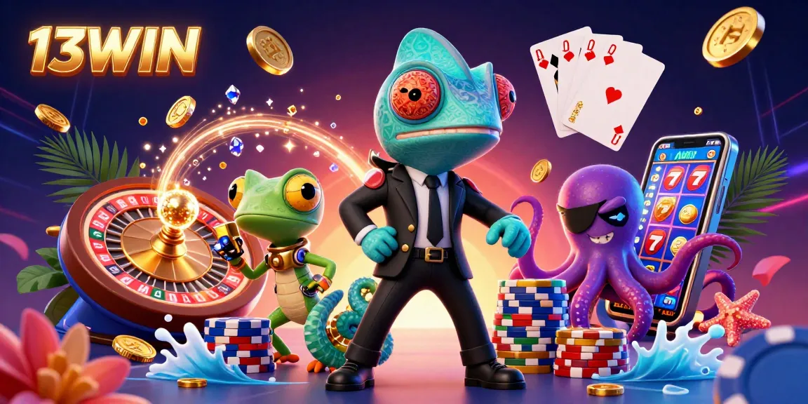 Experience thrilling action at 13WIN with a vibrant casino scene featuring a chameleon, gecko, and octopus among dynamic gaming elements.