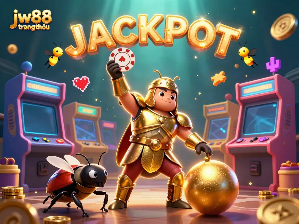 Engage with jw88 trang chủ featuring a gladiator beetle celebrating a poker win in vibrant casino-themed digital illustration.