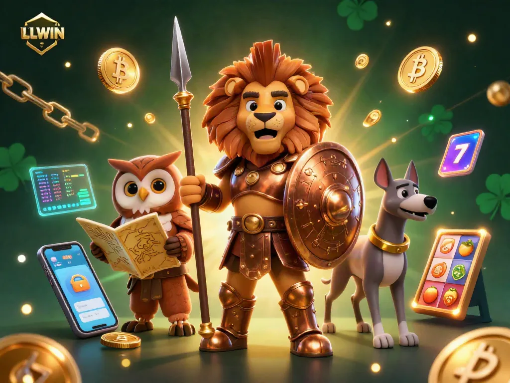 Engage with LLWIN's exciting online slots, featuring vibrant illustrations of a heroic lion and animated game elements.