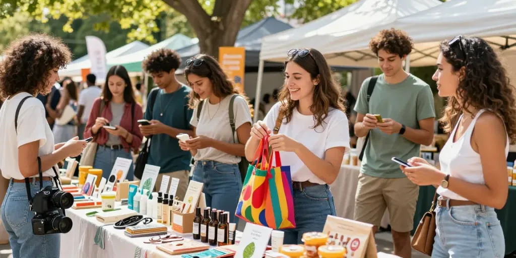 Friends exploring various Produtos at a vibrant outdoor market, emphasizing exciting shopping experiences.