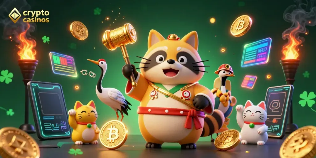 Engage in thrilling gameplay at crypto casinos with cheerful raccoon dog celebrating, Bitcoin coins around.