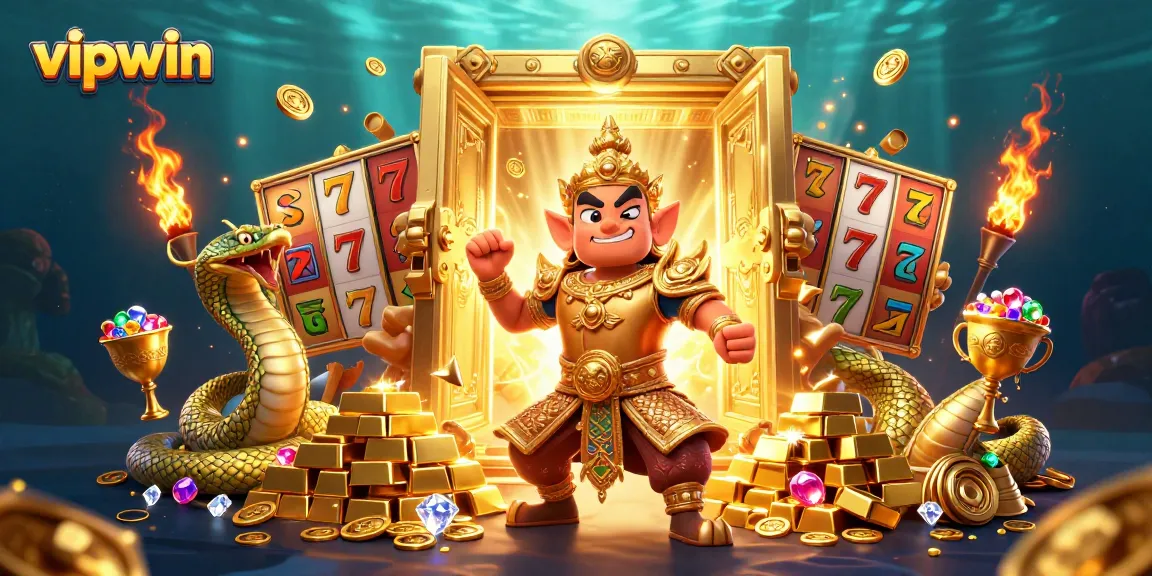 Experience the excitement of vipwin with a lively 3D casino scene showcasing characters and slot elements.