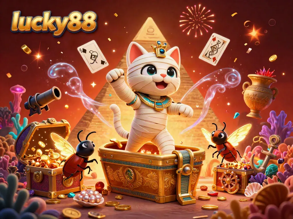 Experience casino thrills with lucky88 as an Egyptian mummy cat emerges from a golden sarcophagus in a vibrant pyramid.
