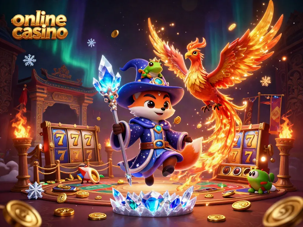 Experience the thrill of an online casino with a wizard fox and phoenix in an enchanting setting.
