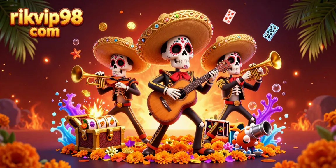 Play exciting slots at rikvip98 com with vibrant mariachi band and treasure elements.