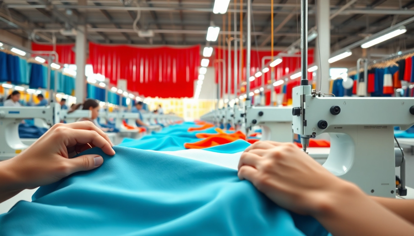 Clothing manufacturers in China showcase skilled workers creating garments in a vibrant factory.