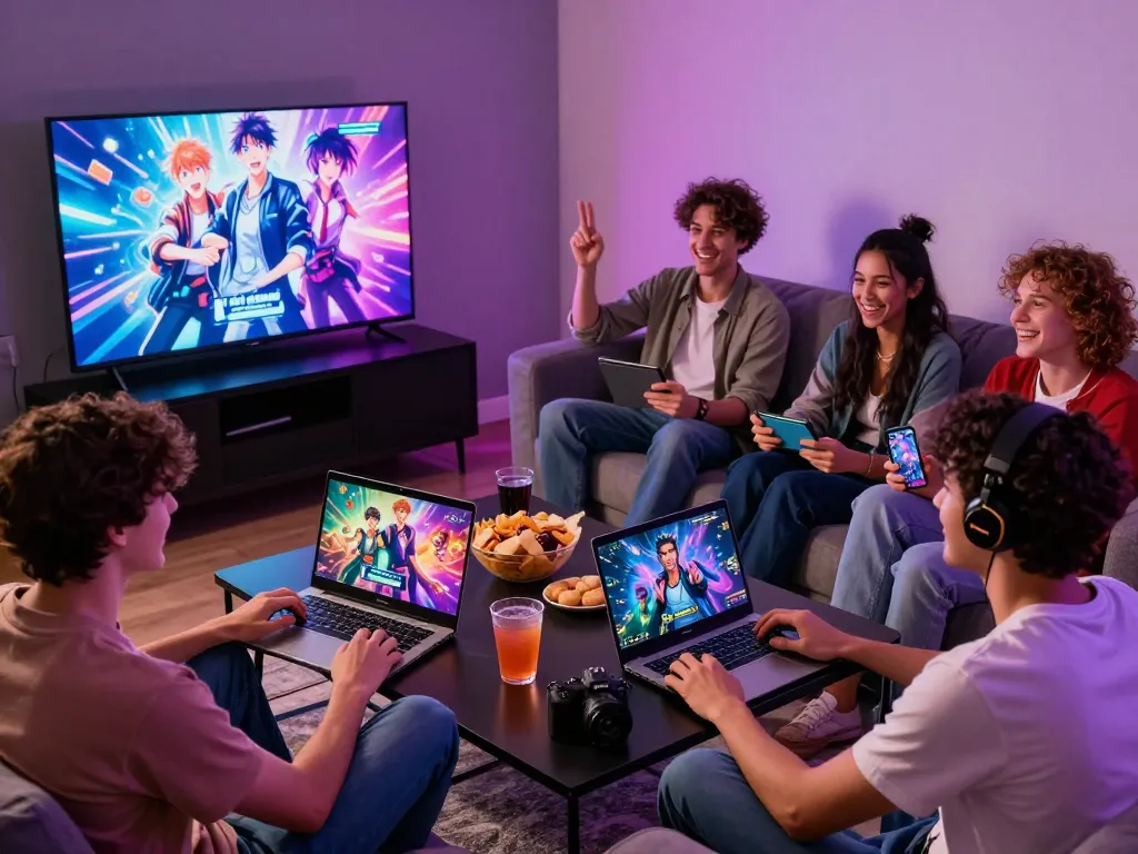 Diverse friends enjoying adult games together in a vibrant gaming lounge setting.