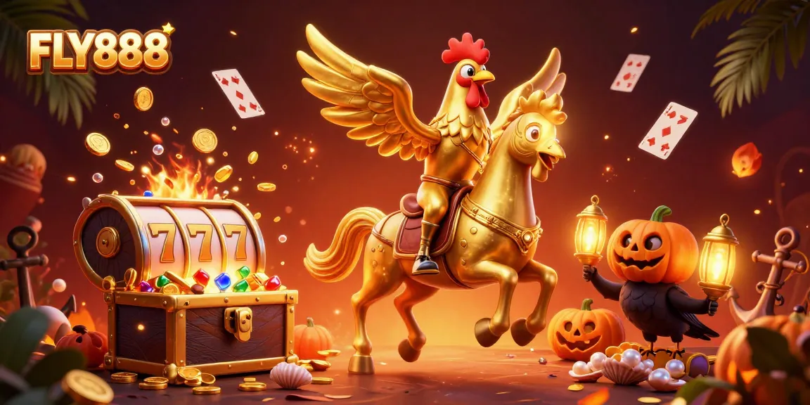 Join the excitement of FLY888 with a golden rooster hero exploring a vibrant casino.