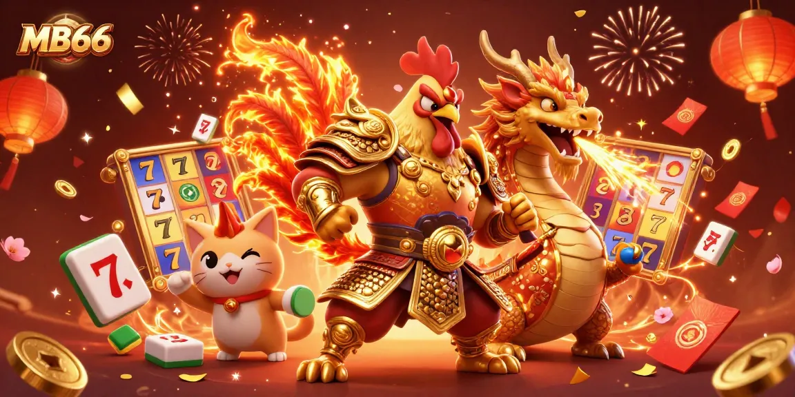 Witness MB66's thrilling environment with a fierce rooster warrior and dragon hatchling amidst colorful gambling elements.