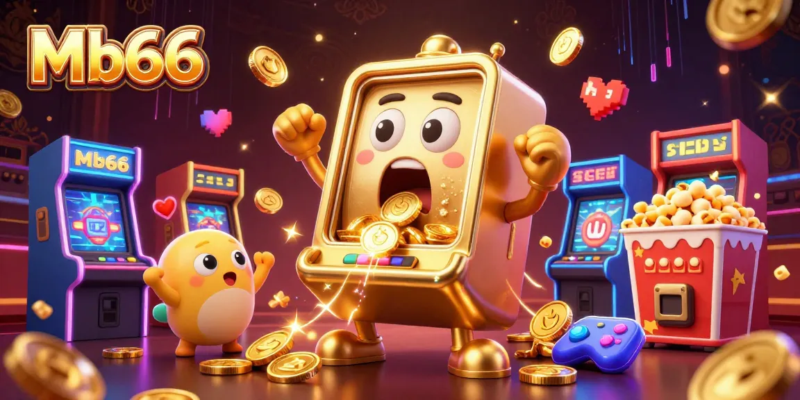 Experience thrilling wins with Mb66 as a golden slot machine celebrates a jackpot amidst vibrant arcade games.
