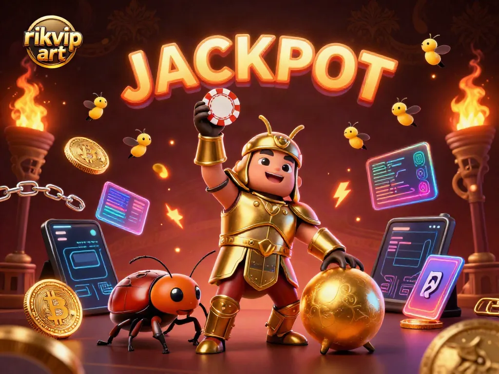 Engage with rikvip art featuring a cartoon beetle triumphantly lifting a poker chip in a vibrant casino scene.