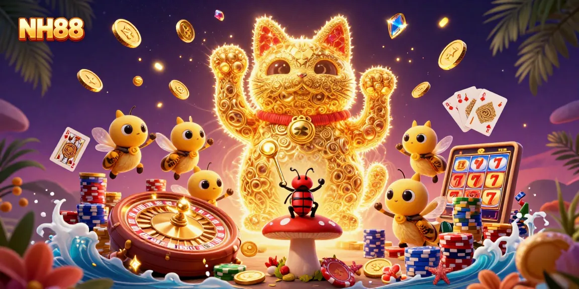 Engage with NH88’s vibrant casino games featuring a charming lucky cat and dynamic winning symbols.