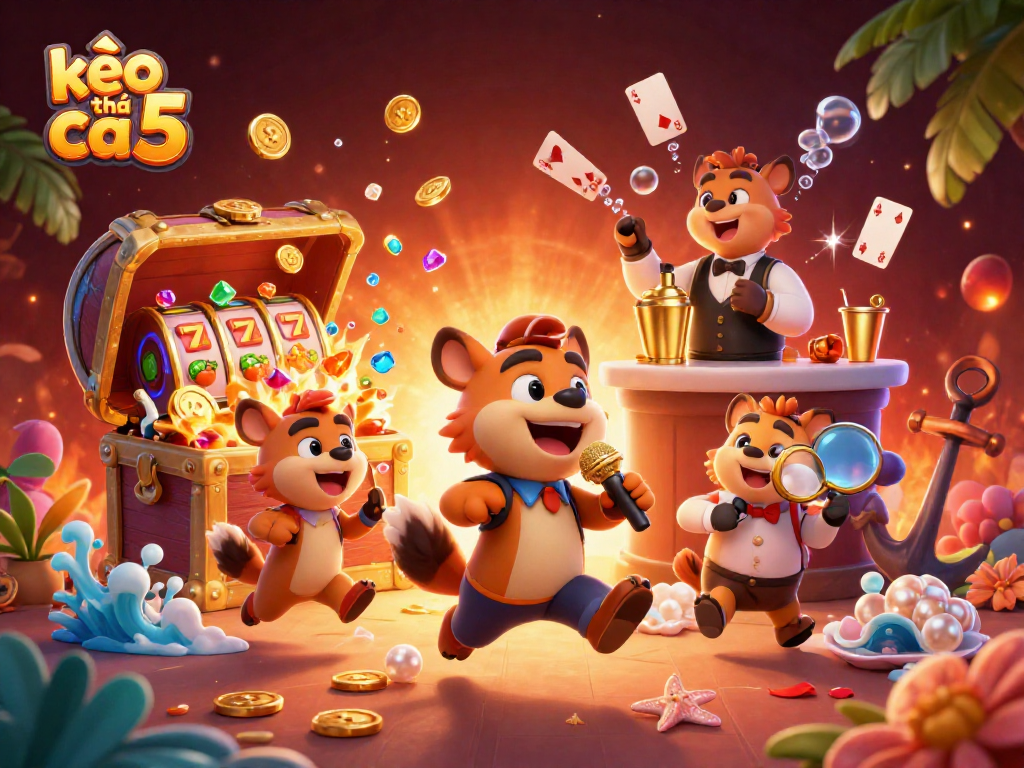 Experience kèo nhà cái 5 at a lively casino featuring hyenas, vibrant gaming elements, and 3D artistry.