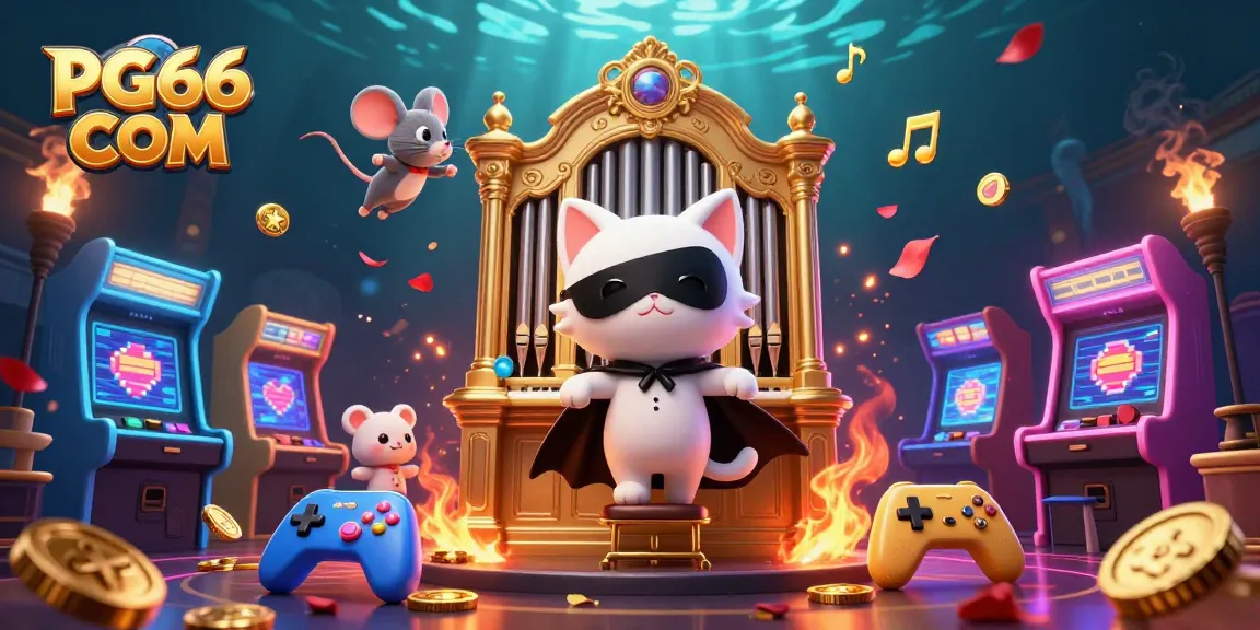 Experience gambling excitement at PG66 COM with a vibrant 3D casino scene featuring iconic characters and games.