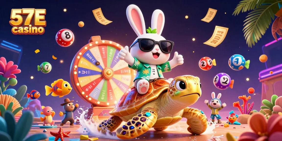 Experience the thrill at 57E casino with an adventurous rabbit and golden turtle in this vibrant 3D illustration.