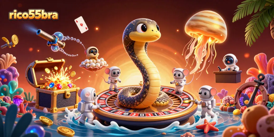 Engage with the interactive universe of rico55bra through colorful cartoon characters in a dynamic casino scene.