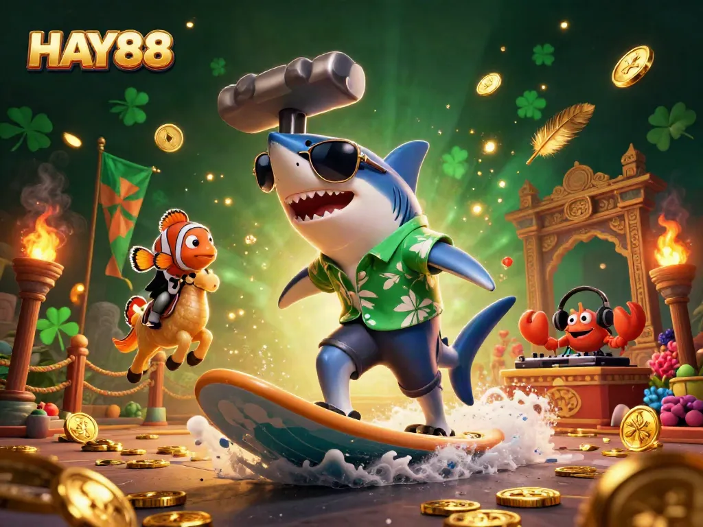Experience thrilling gameplay at HAY88 with vibrant 3D characters amidst gold coins and elements of chance.