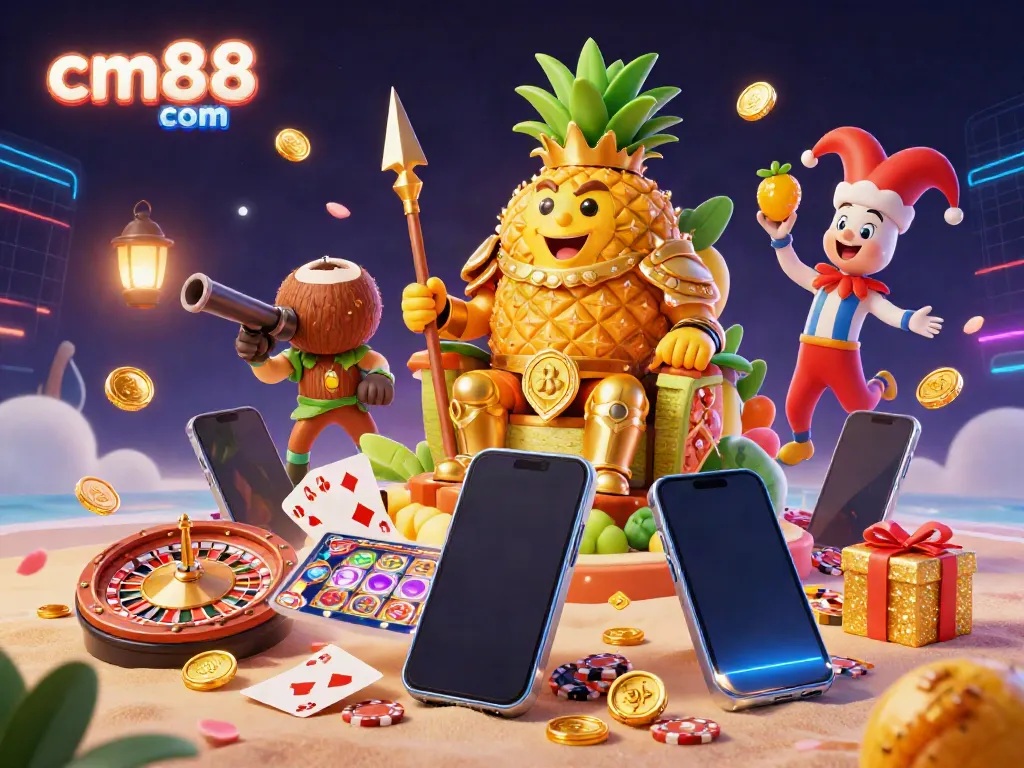 Experience the vibrant energy of cm88 com with a joyful pineapple king leading an exciting casino scene.