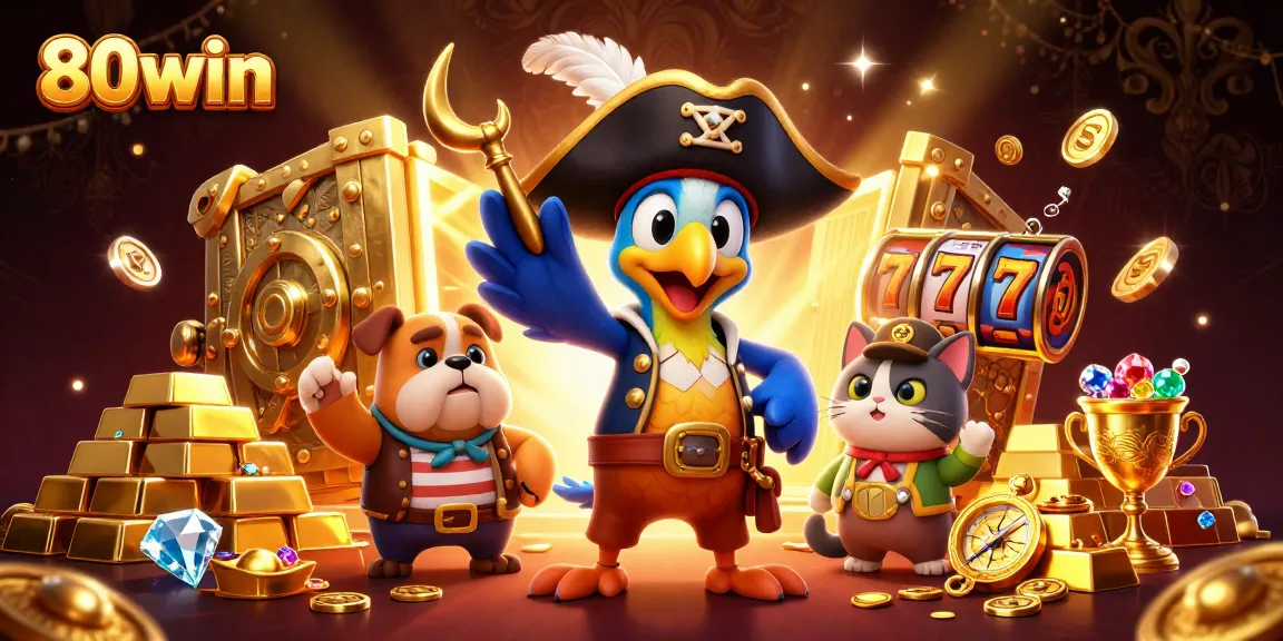 Play exciting casino games on 80win with cartoon characters enjoying slots and treasures.