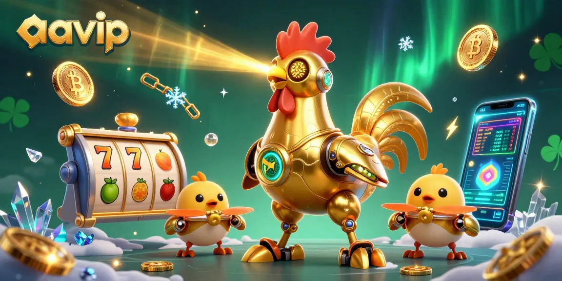 Experience aavip's exciting slot games with a futuristic golden rooster robot and crypto elements!