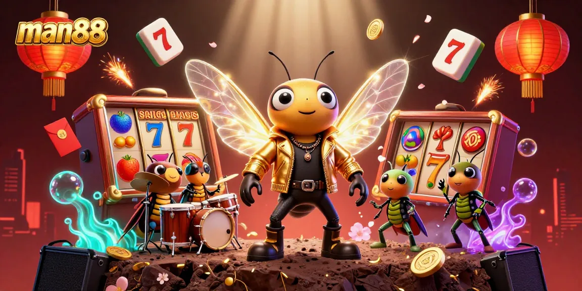 Win big with man88 at this vibrant casino-themed illustration featuring a rock star and exciting game elements.