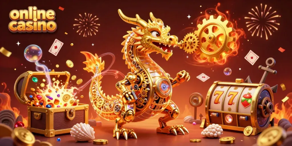 Explore the vibrant world of online casino gaming with a golden dragon and a mouse engineer amidst treasure, cards, and slot reels.