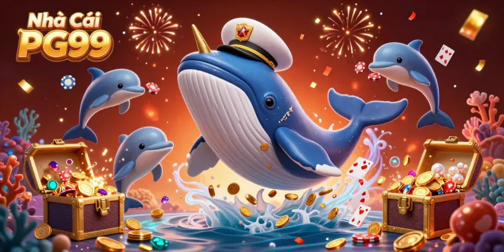 Witness the excitement at Nhà Cái PG99 with a playful underwater adventure featuring a whale and dolphins amidst vibrant casino elements.