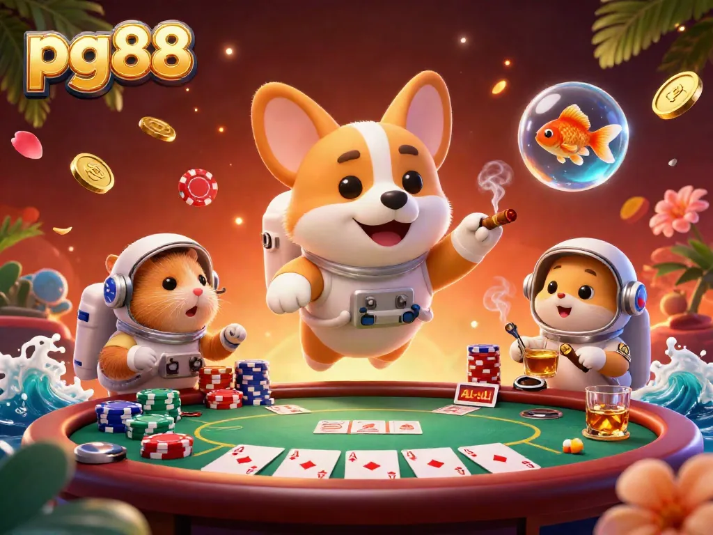 Experience thrilling gaming at pg88 as a cartoon corgi astronaut enjoys the casino in zero gravity.