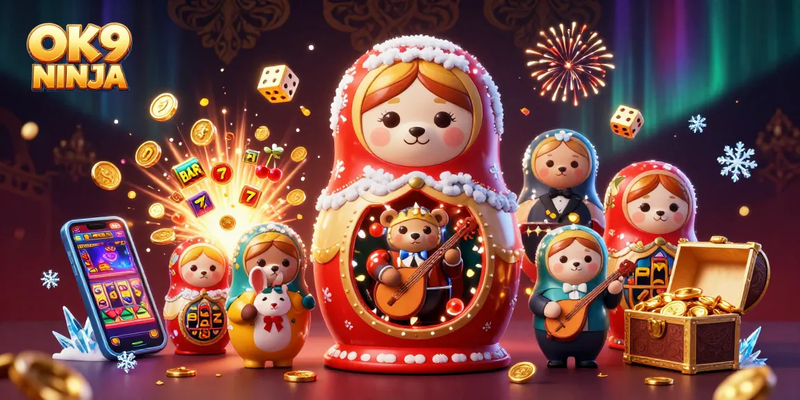 Play and win with OK9 NINJA in a vibrant casino scene featuring bears and a jackpot explosion.