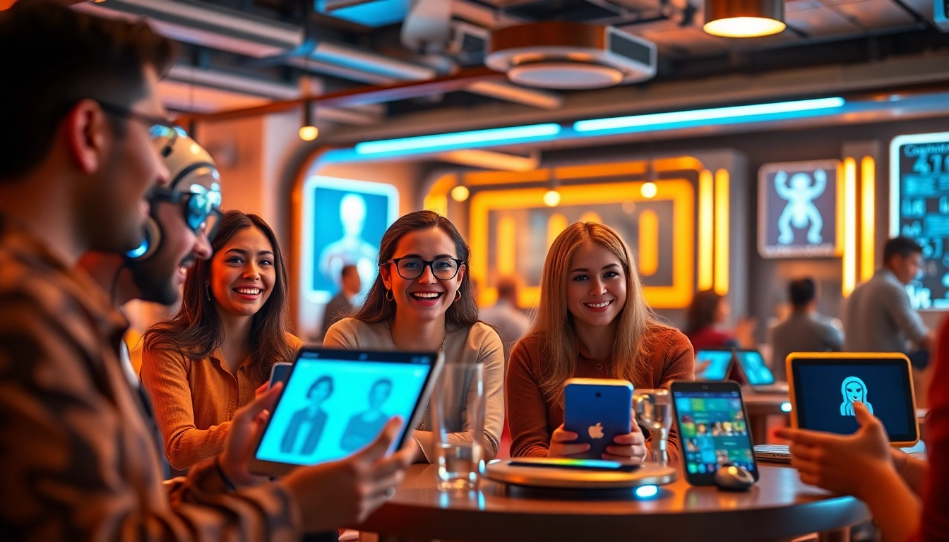 Engaging scene of users interacting with crush on ai chatbots in a futuristic café setting.