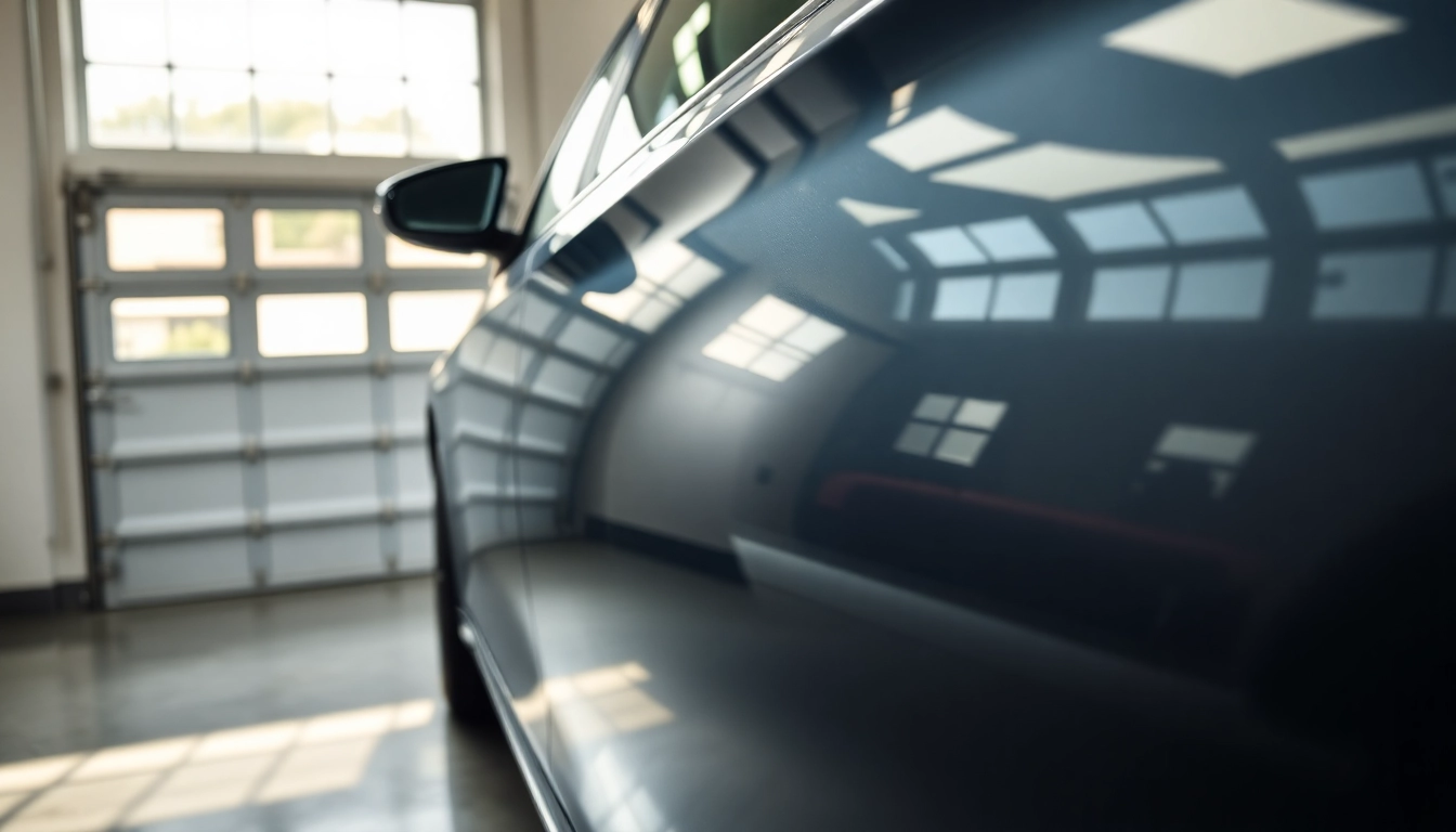 Apply paint protection film near me for a sleek car finish in a professional garage.