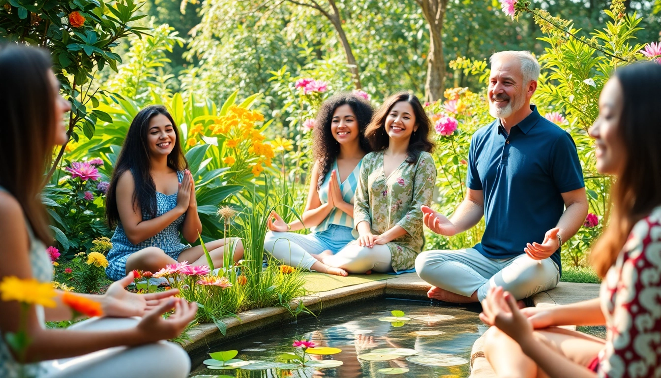 Promoting emotional wellbeing through diverse individuals practicing mindfulness and connection in nature.
