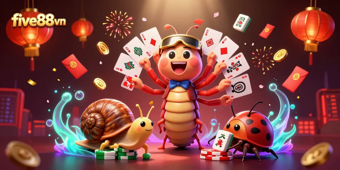 Experience the excitement of five88vn casino with dynamic characters and festive elements in this vibrant 3D scene.