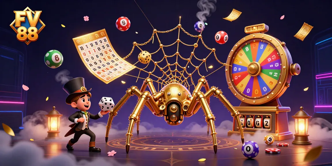 Engage with captivating FV 88 themed illustration featuring a steampunk spider and dynamic casino elements.