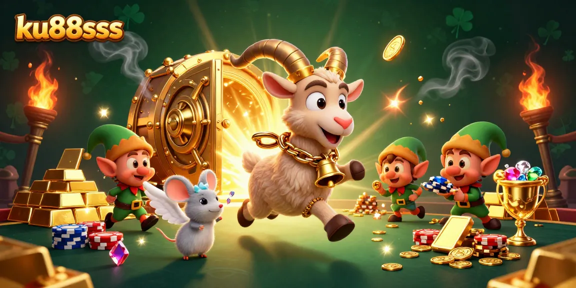 Engage with ku88sss at a vibrant casino scene featuring Krampus and playful characters surrounded by treasures.