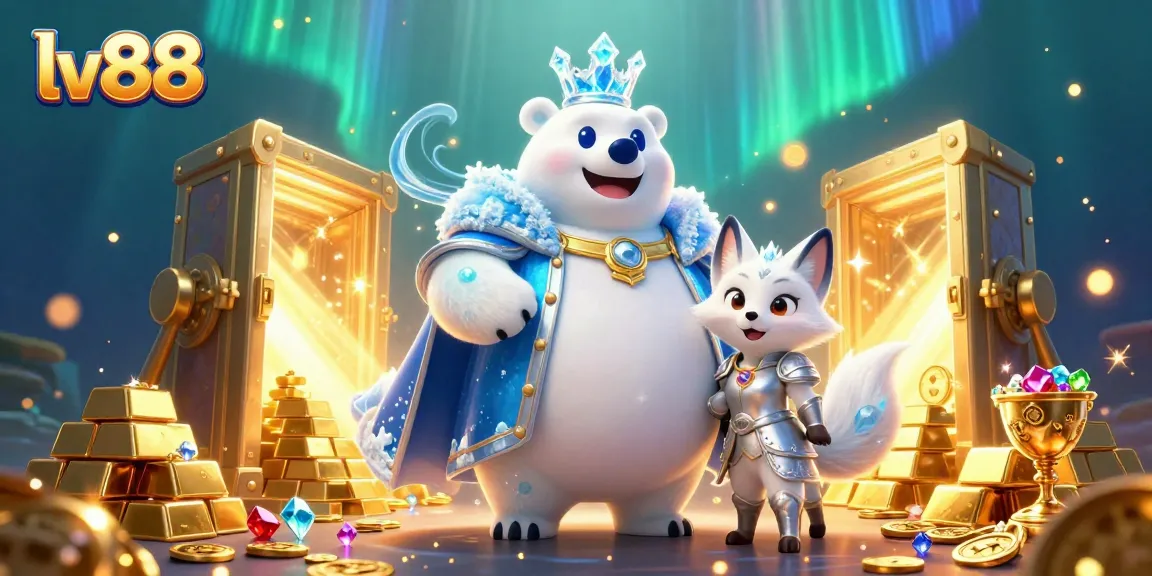 Experience the excitement of lv88 as a polar bear king and snow fox discover treasures in a magical casino.