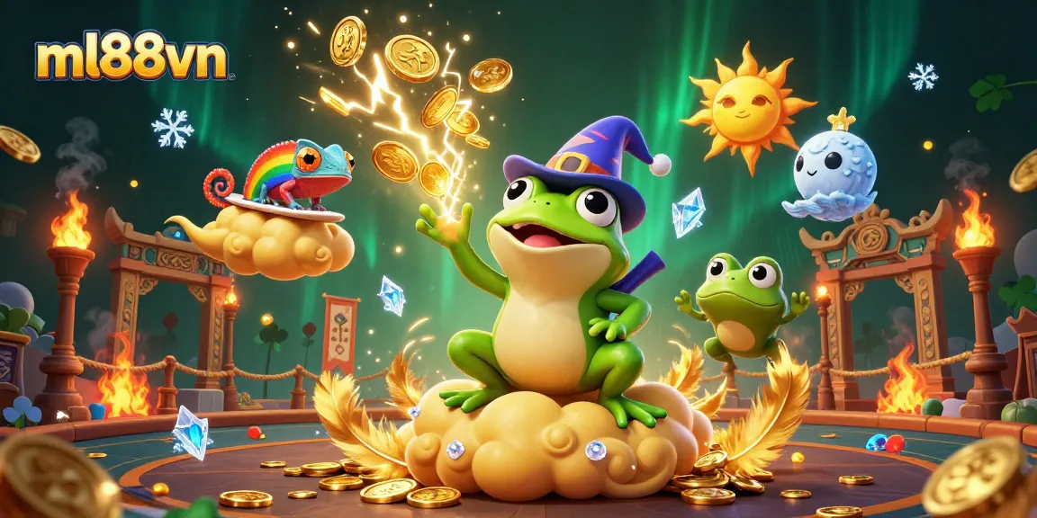 Experience thrilling gameplay at ml88vn with a wizard frog and chameleon in a vibrant casino scene
