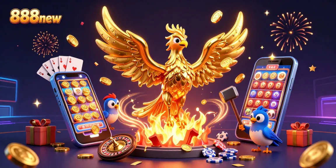 Experience 888new's thrilling casino atmosphere with gold coin eruptions and vibrant game elements.