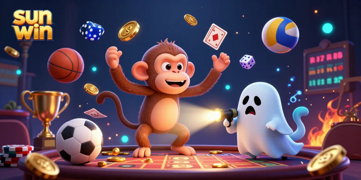 Engage in fun gameplay with 'sun win,' where a poltergeist monkey juggles golden coins in a haunted casino.