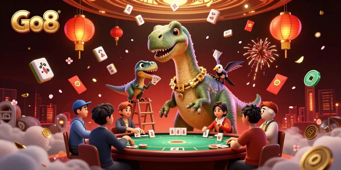 Players enjoy poker at Go8 with a towering brontosaurus dealer and festive casino elements.