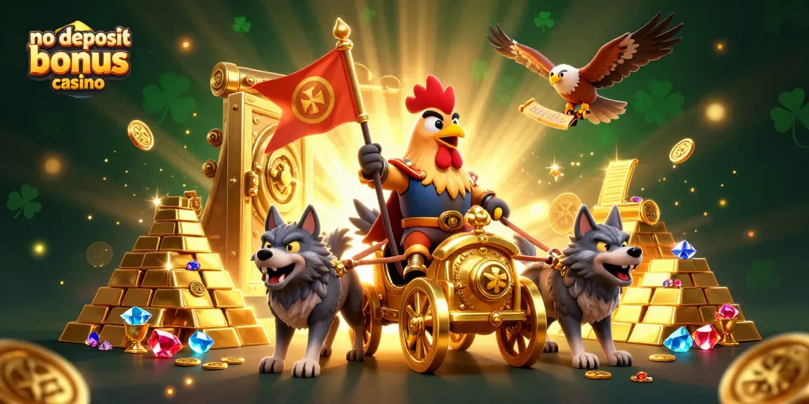 Experience the thrill at a no deposit bonus casino with a rooster warlord and golden treasure.